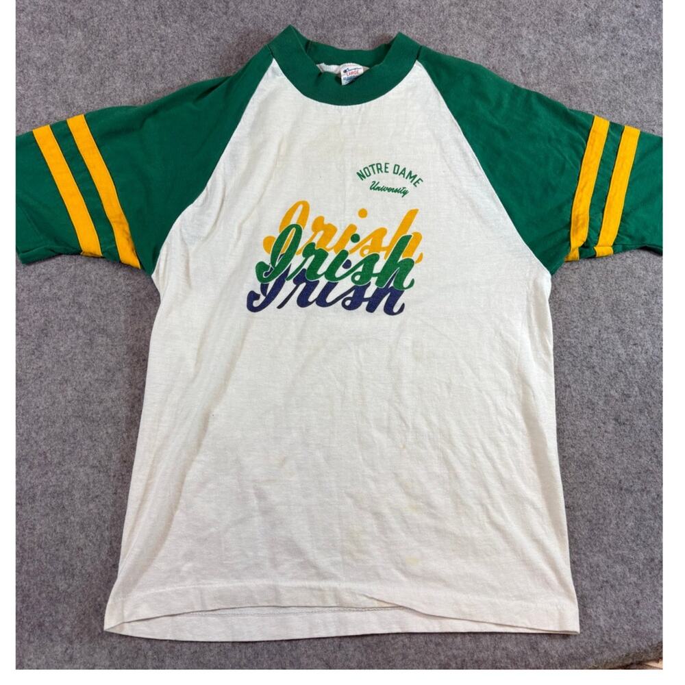 VINTAGE Champion Shirt White Notre Dame Irish Raglan Sleeve Tee 80s Large